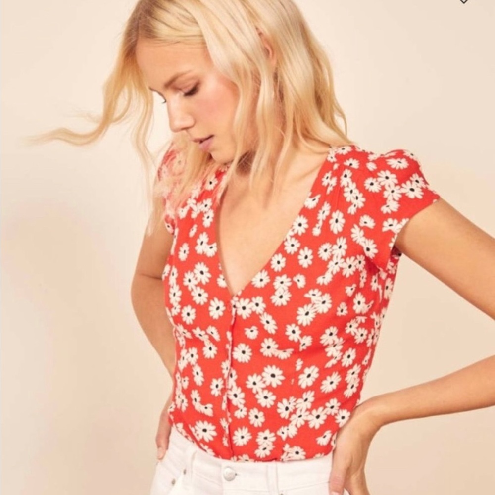 Reformation Red Flutter Sleeve Blouse
